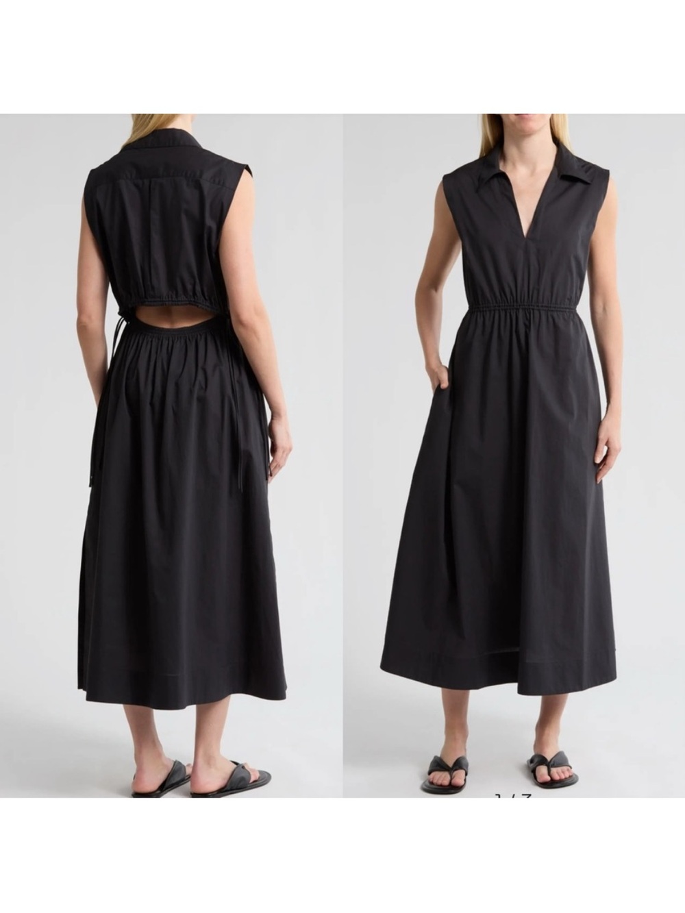 Rag & Bone Joan Sleeveless Poplin A-Line Black Midi Dress with Back Cutout